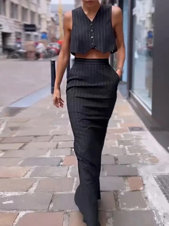 Commense Dresses & Skirts - Pinstripe Vest and High-Waist Skirt Set
